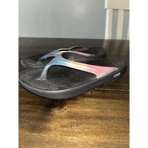 Oofos Thong Sandals Womens 7  Black Red Blue Ombre Fade Recovery Slides